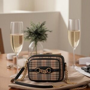 Burberry in Mint Condition Beige Plaid Crossbody with Black Trim and Gold Chain